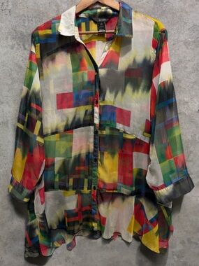 Ali Miles Abstract Sheer Button Down Blouse 2X Artistic Colorblock Tunic Top